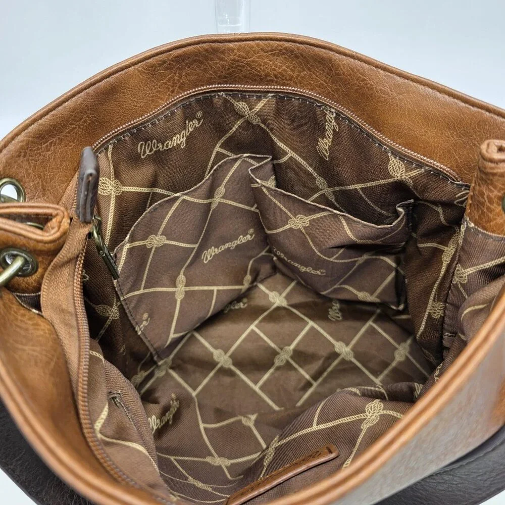 Wrangler Shoulder Bag Large Brown Faux Pebbled Leather Western Zip Hobo Casual